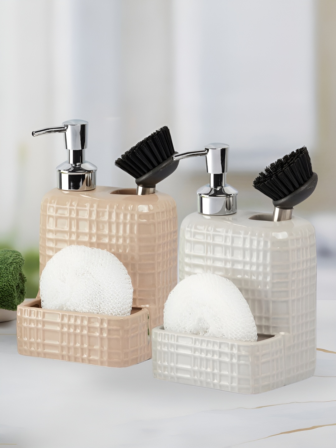 

Kookee Beige & Grey 2 Pieces Ceramic Textured Glossy Contemporary Soap Dispenser
