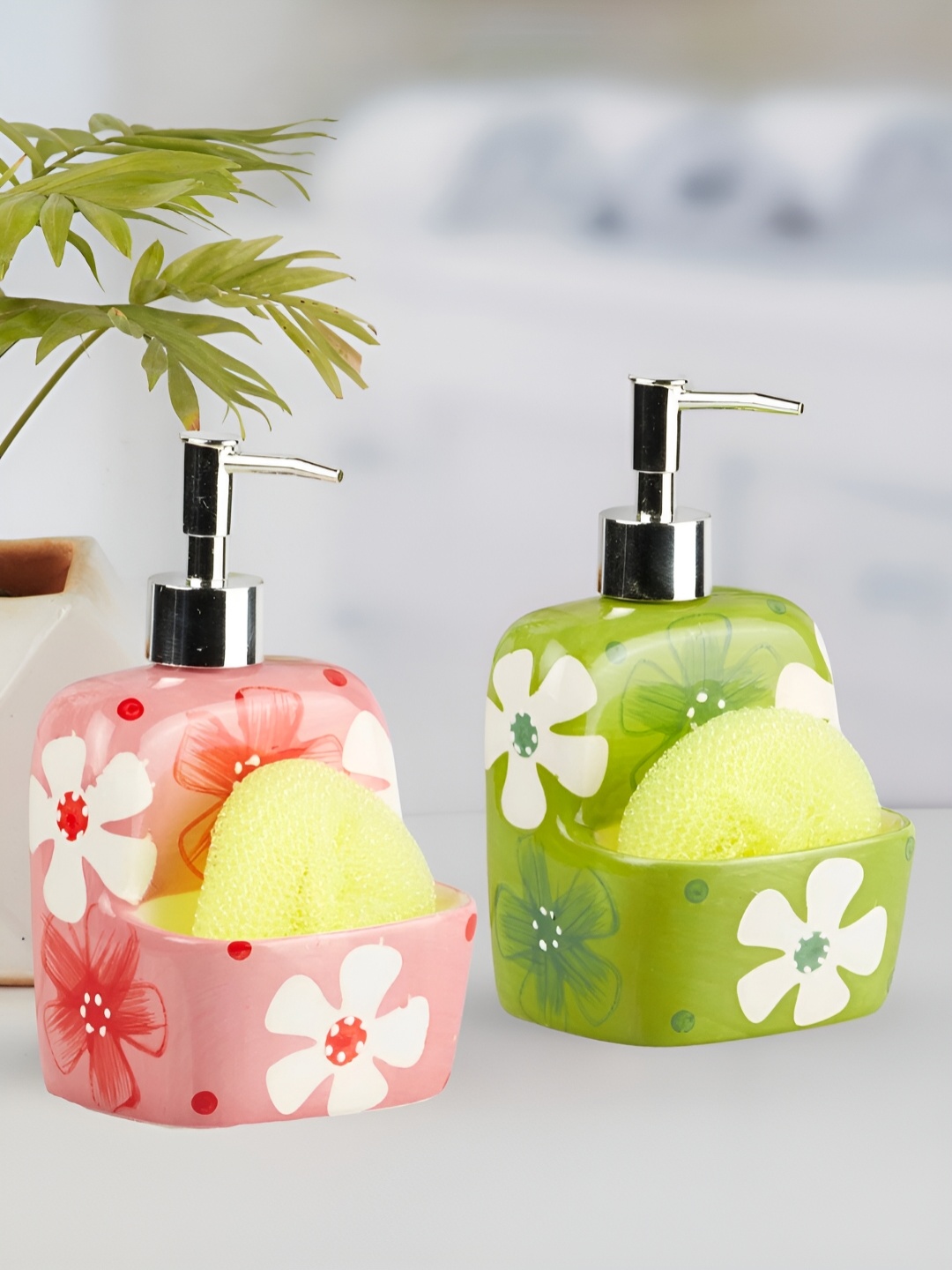 

Kookee Pink & Green 2 Pieces Floral Printed Ceramic Soap Dispenser