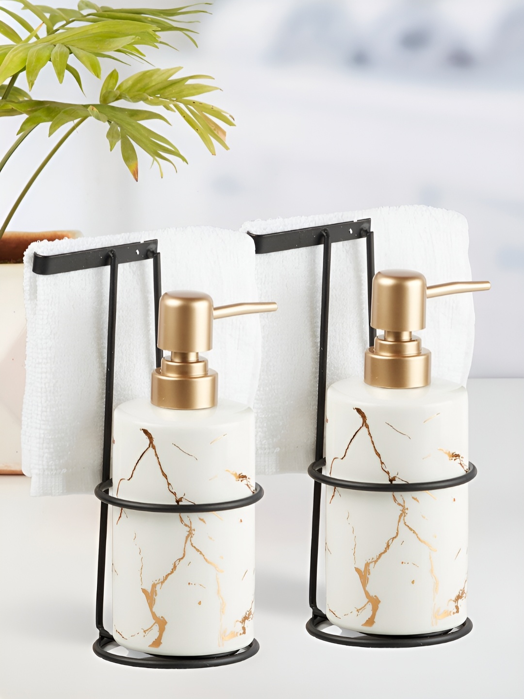 

Kookee White & Gold Toned 2 Pieces Abstract Ceramic Soap Dispensers