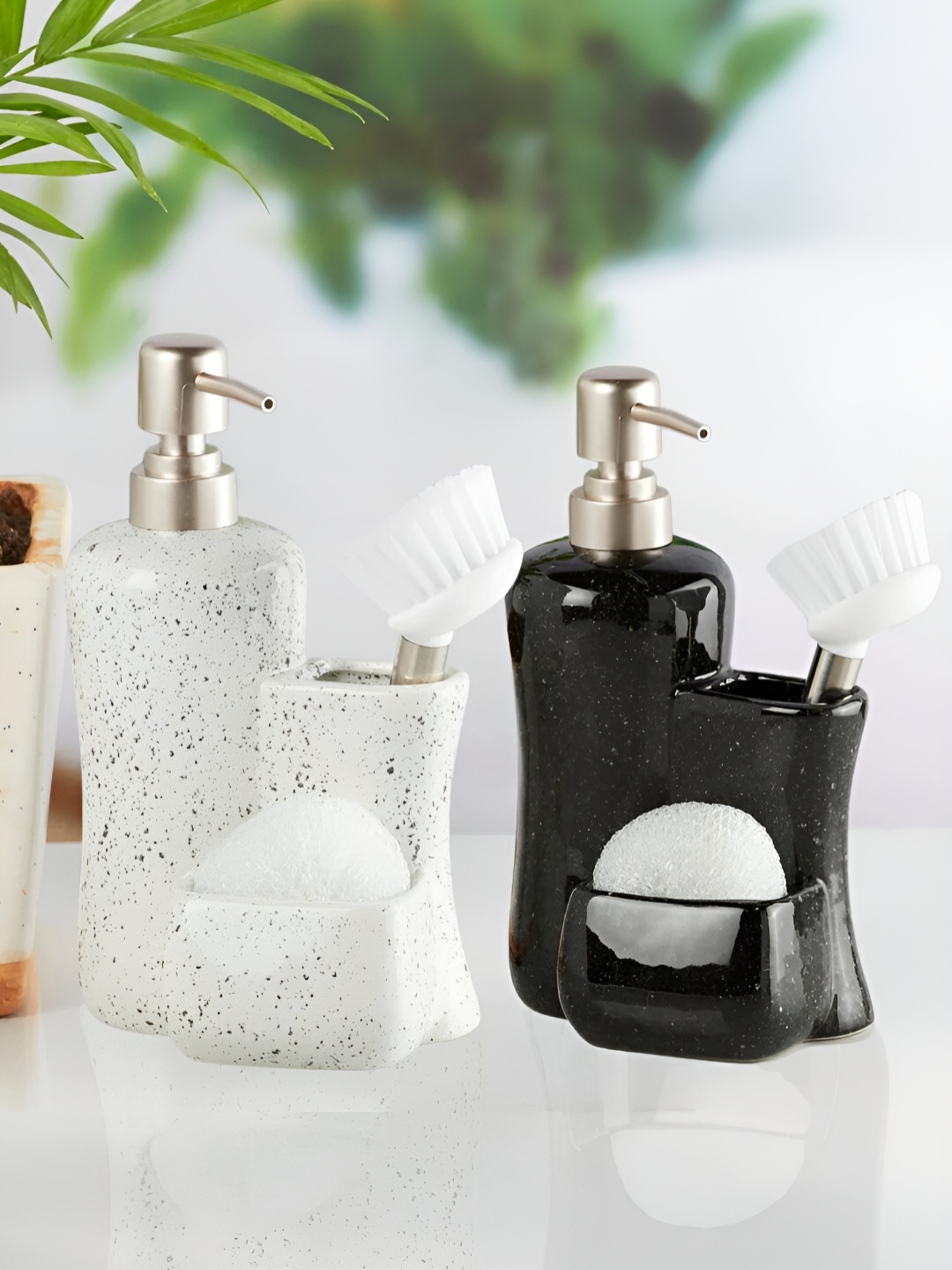 

Kookee White & Black 2 Pieces Abstract Ceramic Soap Dispensers with Brush Holder