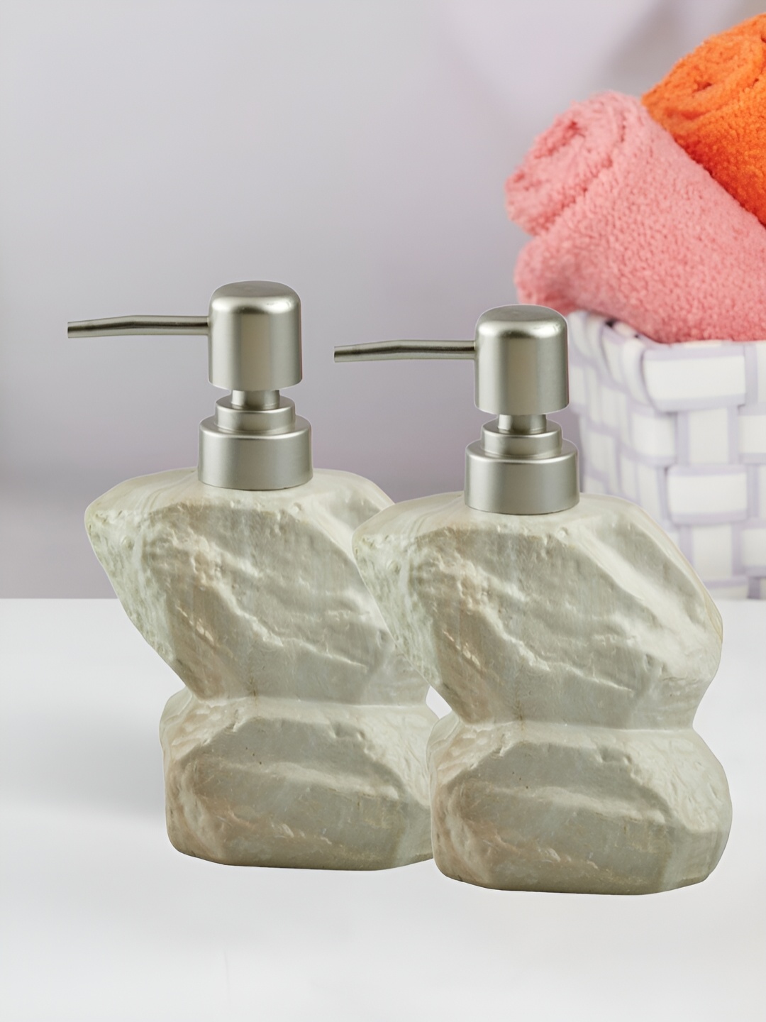 

Kookee Beige & Silver Toned 2 Pieces Abstract Ceramic Soap Dispensers 350 ml Each
