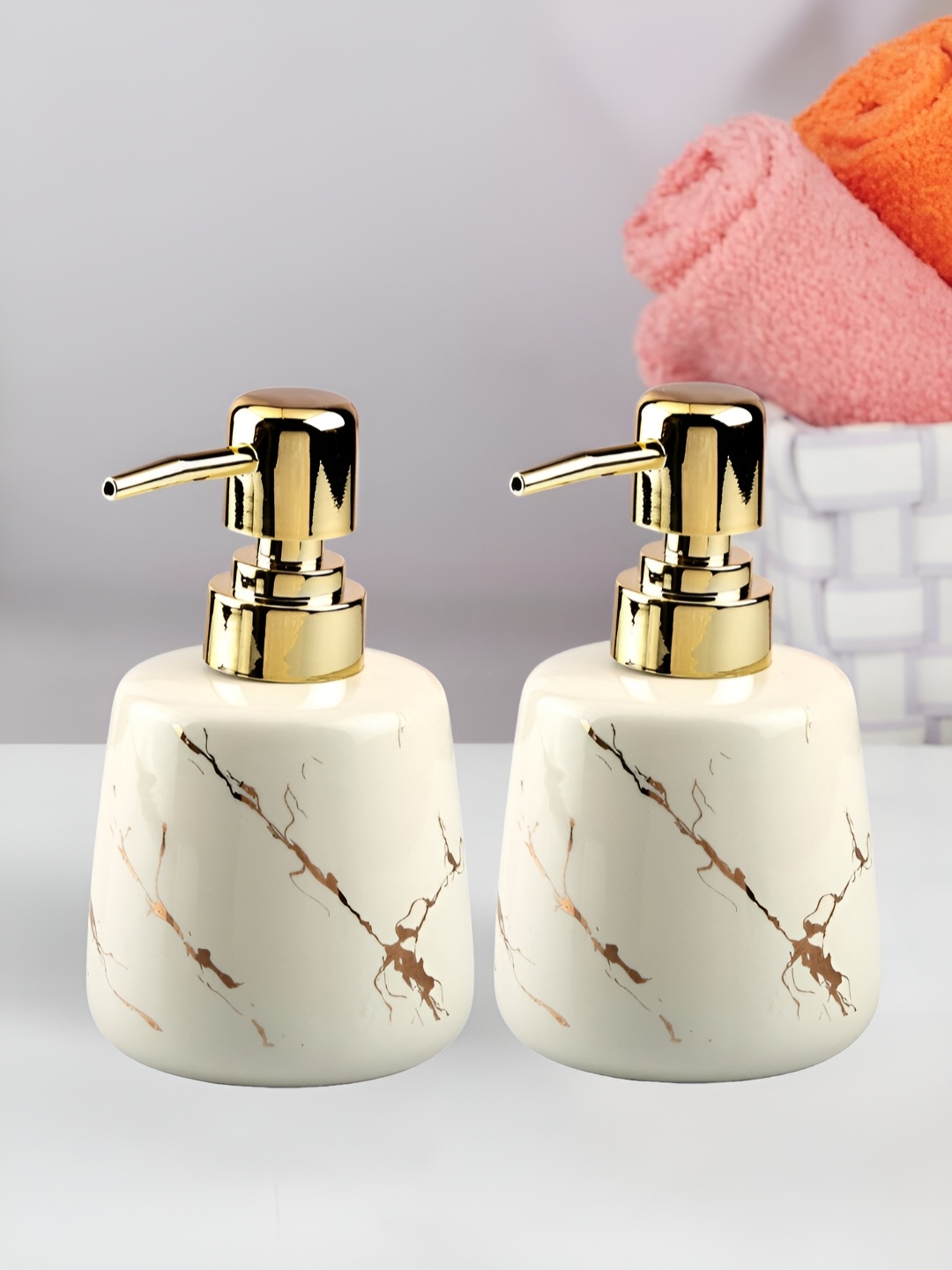

Kookee White & Gold Toned 2 Pieces Abstract Ceramic Soap Dispenser 250ml each