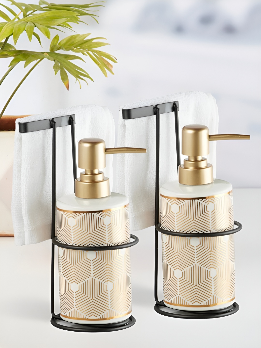 

Kookee Gold-Toned & White 2 Pieces Geometric Printed Ceramic Soap Dispensers