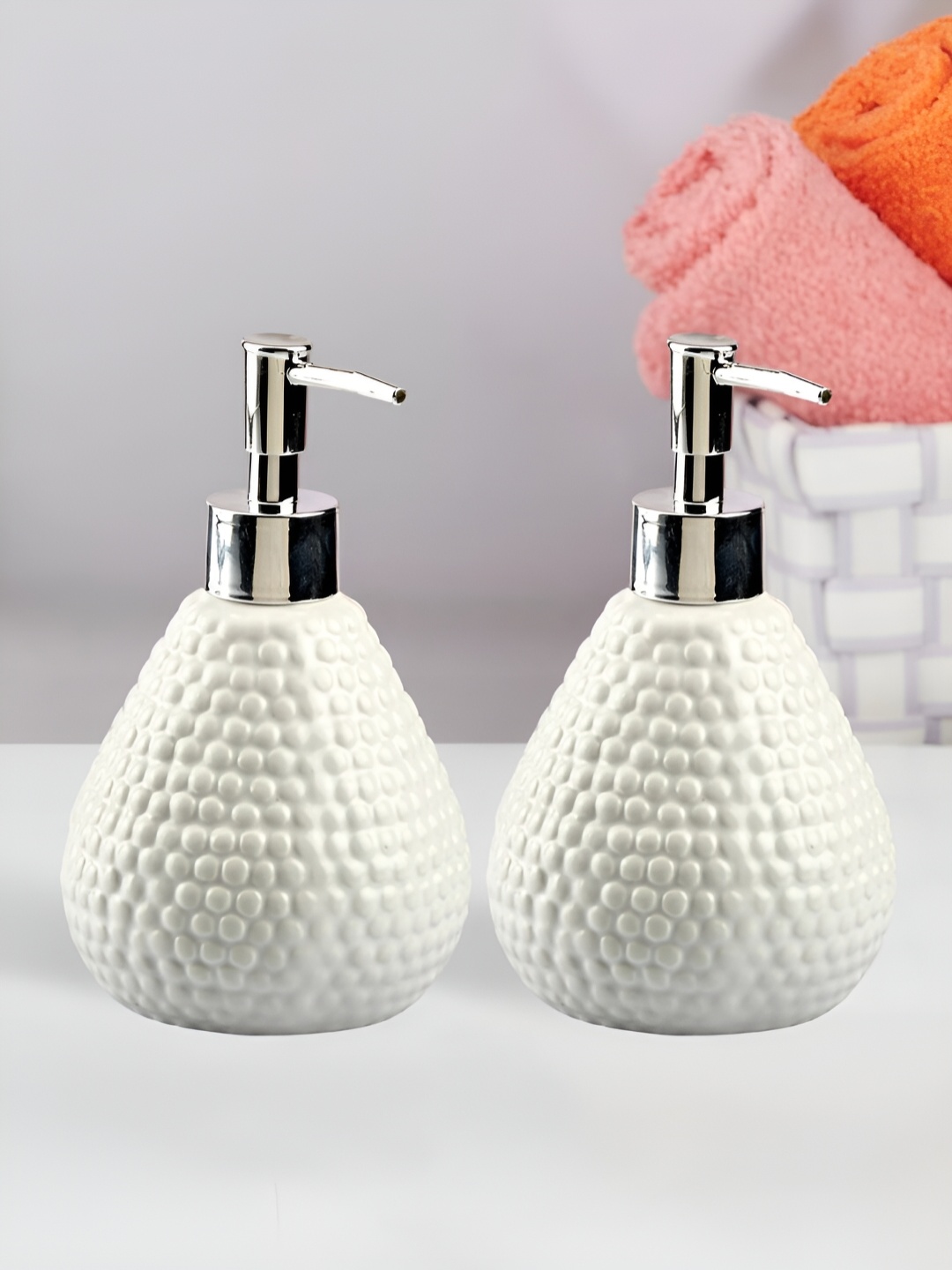 

Kookee White & Silver Toned 2 Pieces Textured Ceramic Soap Dispensers 400 ml Each
