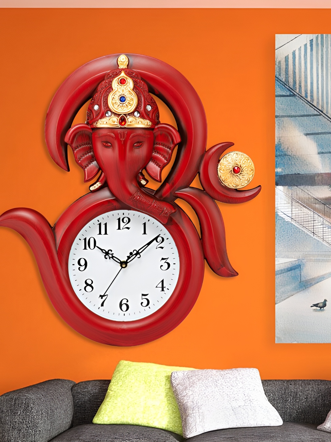 

Attractionz Red Round Neck Ganesh Idol Textured Traditional Analogue Wall Clock