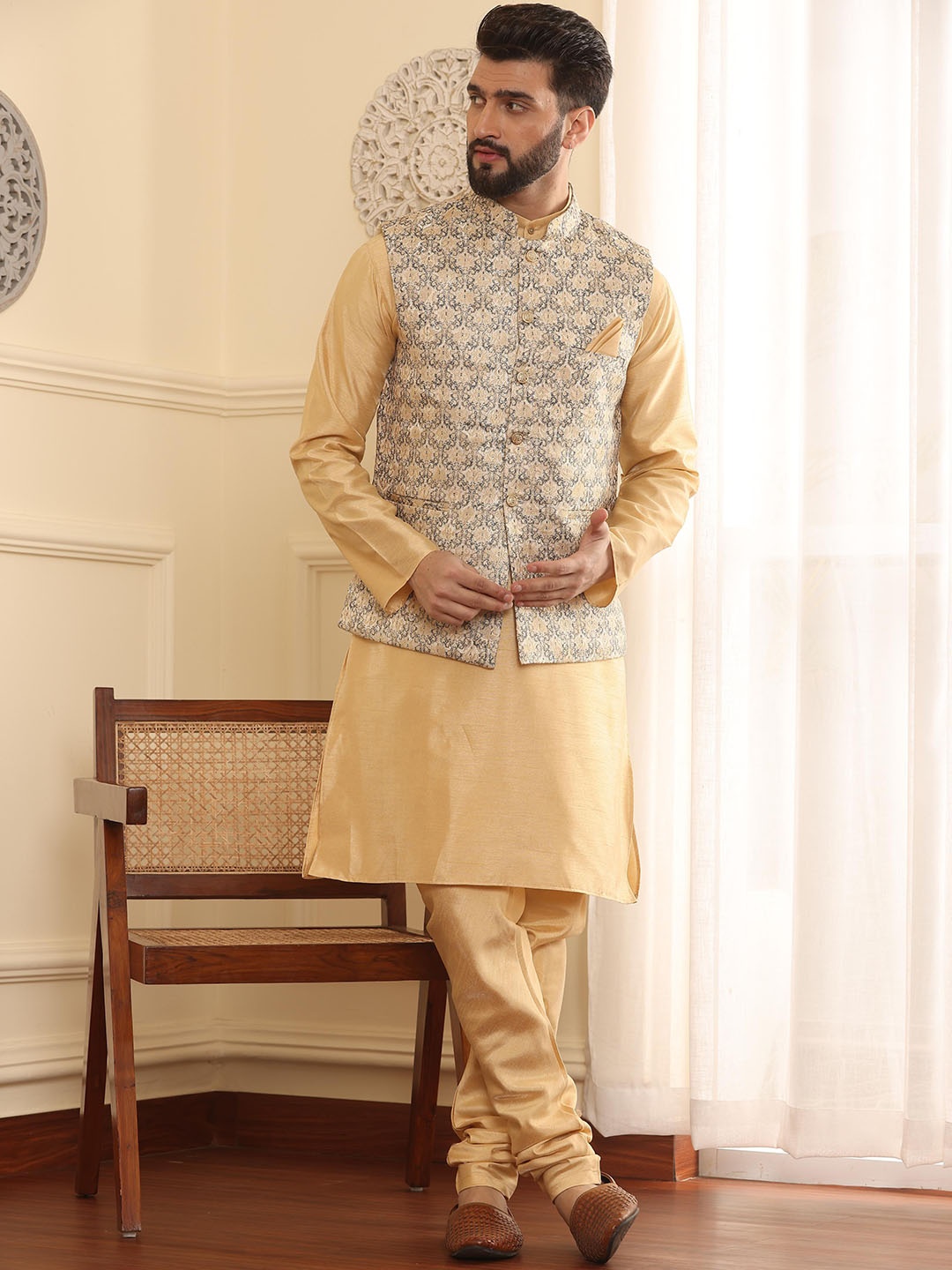 

Armaan Ethnic Mandarin Collar Full Sleeves Pure Silk Kurta With Churidar & Nehru jacket, Beige