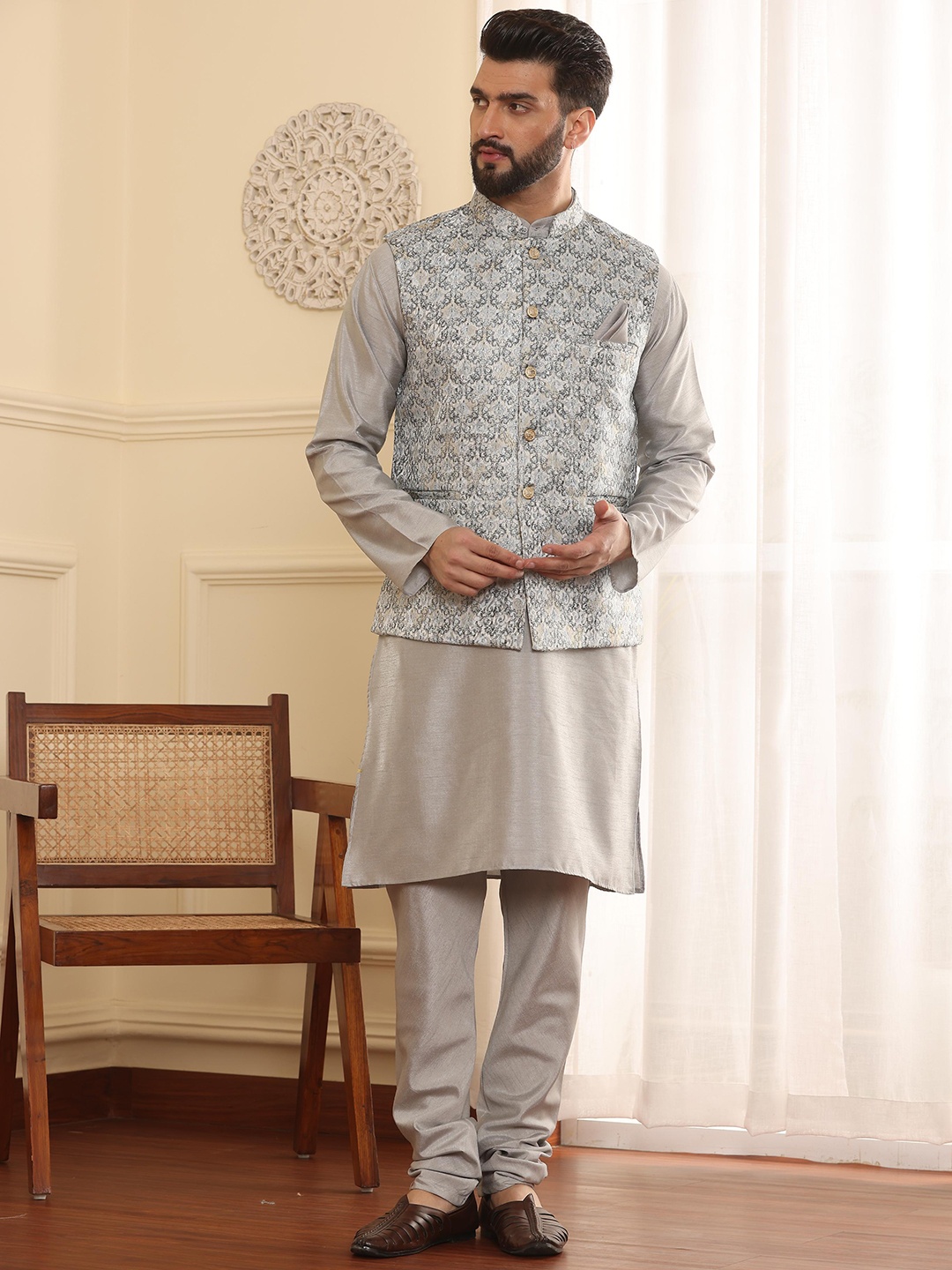 

Armaan Ethnic Mandarin Collar Pure Silk Kurta with Churidar, Grey