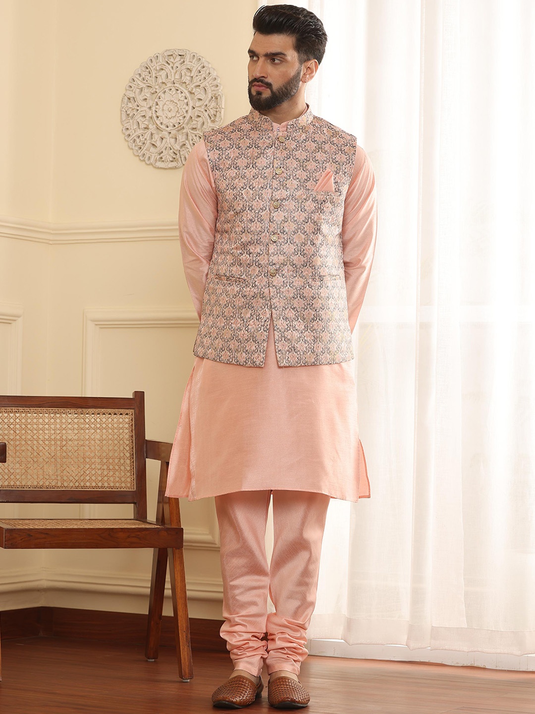 

Armaan Ethnic Regular Pure Silk Mandarin Collar Kurta with Churidar, Pink