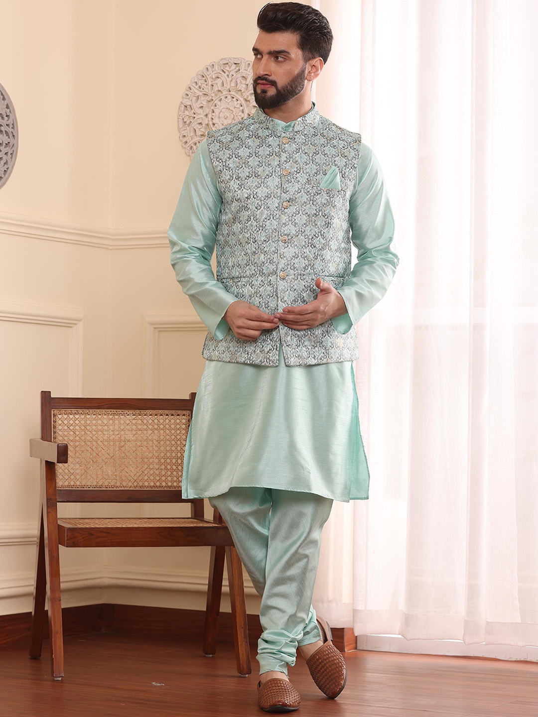 

Armaan Ethnic Mandarin Collar Full Sleeves Pure Silk Kurta With Churidar & Nehru jacket, Blue