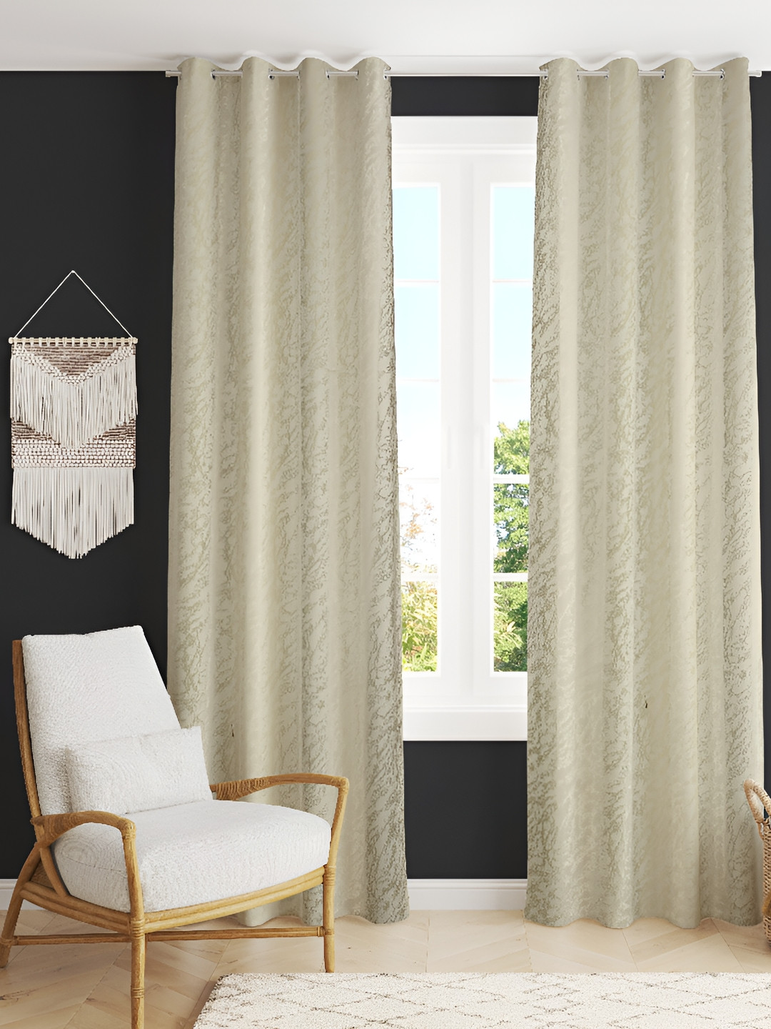 

luchom Cream Coloured & Grey 2 Pcs Abstract Printed Room Darkening Long Door Curtain