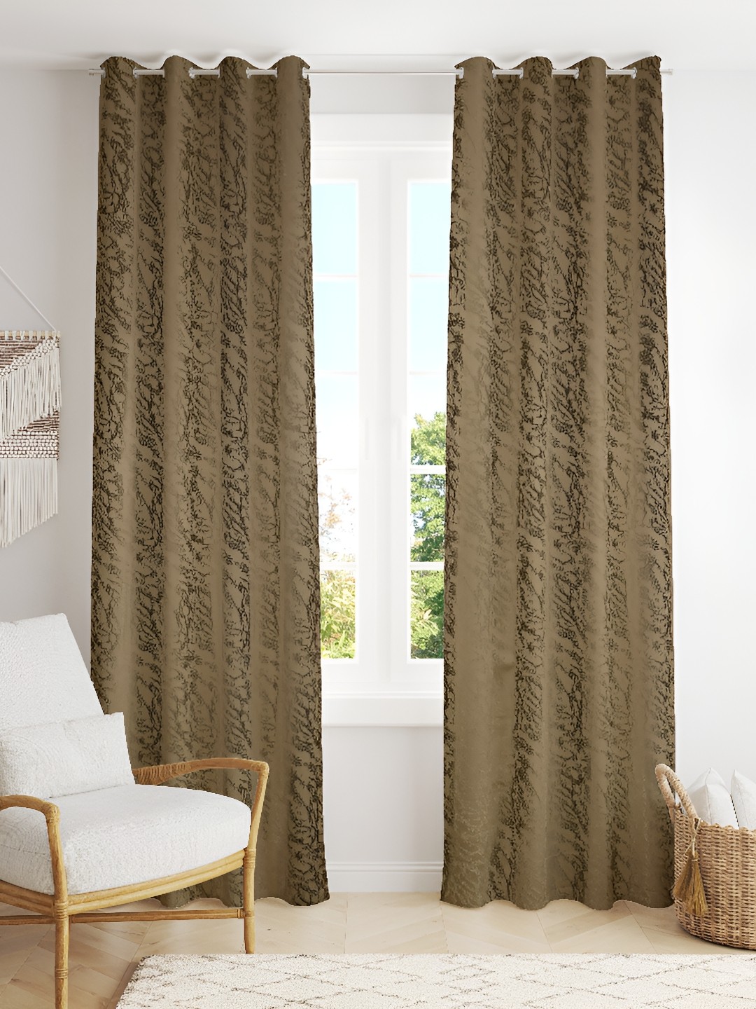 

luchom Brown & Gold Toned 2 Pieces Abstract Printed Silk Room Darkening Long Door Curtains