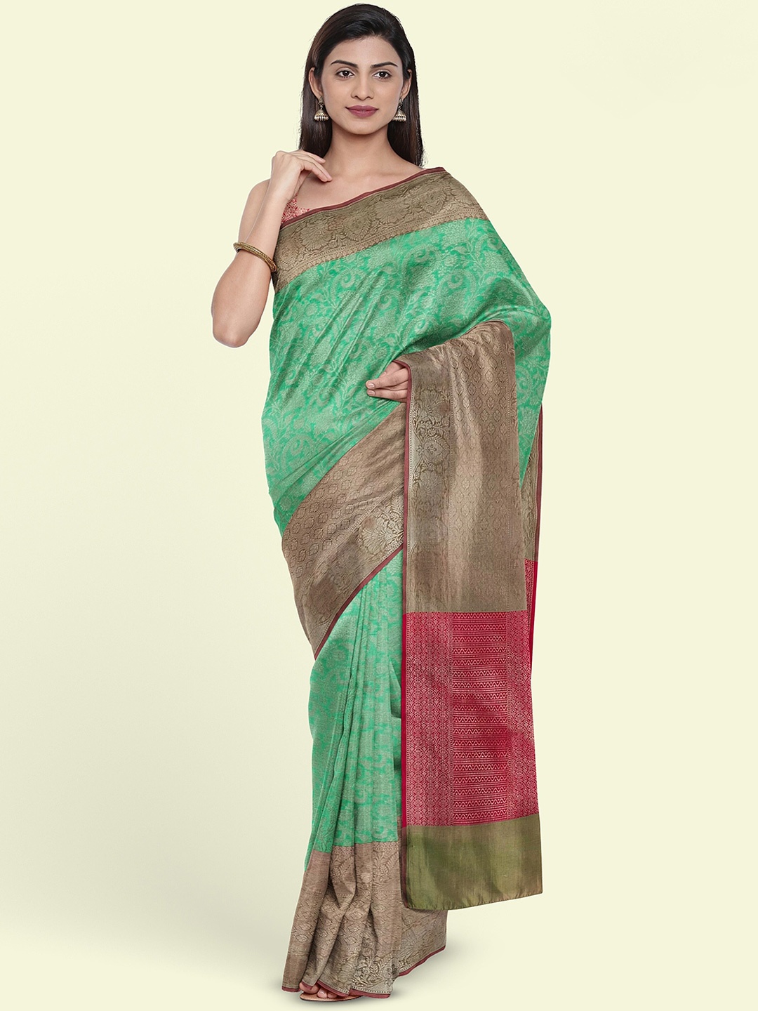 

Muskan Fashion Ethnic Motifs Zari Banarasi Saree, Sea green