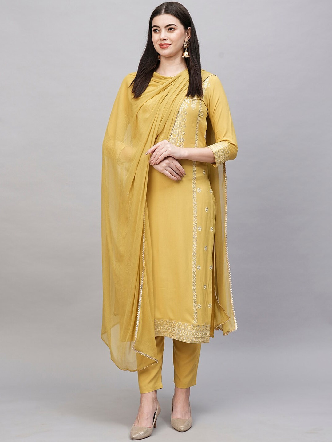 

KALINI Ethnic Motif Printed Straight Kurta & Trousers With Dupatta, Mustard