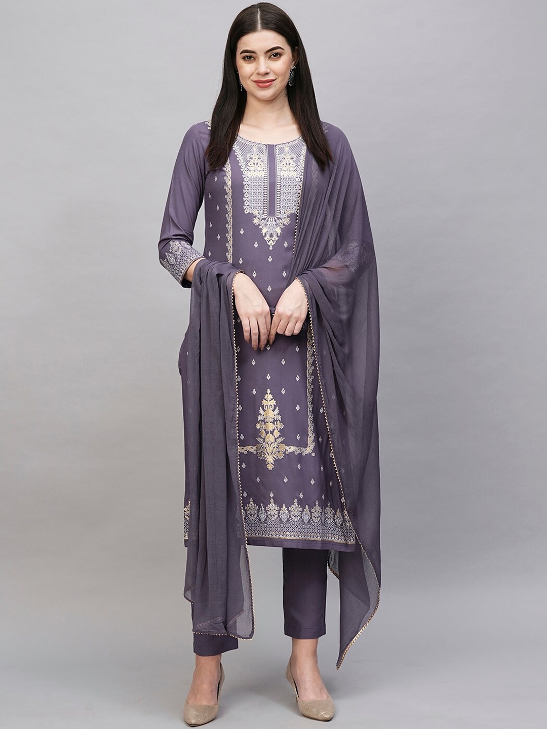 

KALINI Floral Printed Regular Kurta With Trousers & Dupatta, Purple