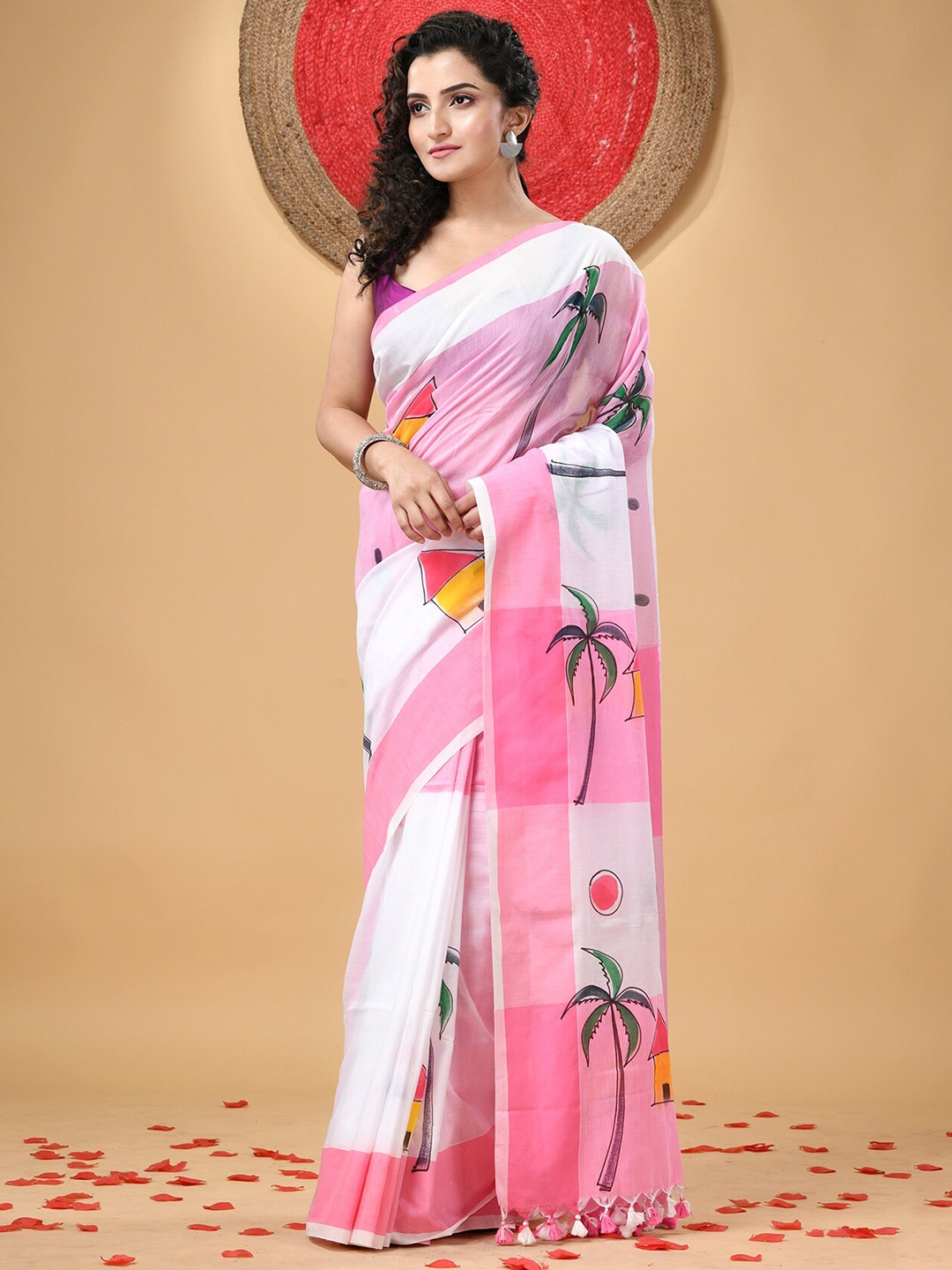 

DESH BIDESH Warli Printed Pure Cotton Taant Saree, Pink