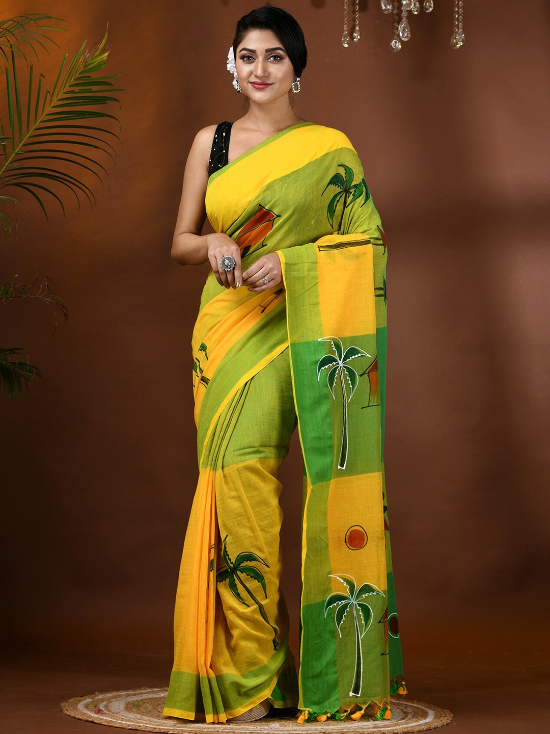 

DESH BIDESH Warli Printed Pure Cotton Taant Saree, Yellow