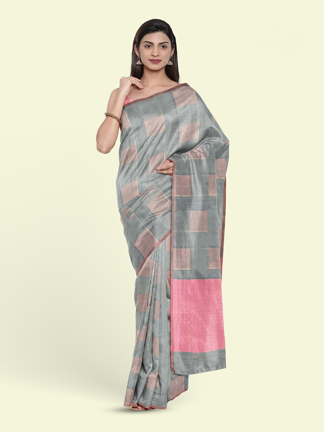 

Muskan Fashion Ethnic Motifs Woven Design Banarasi Saree, Grey