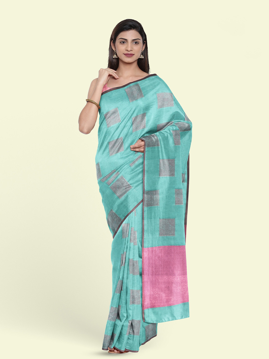 

Muskan Fashion Ethnic Motifs Woven Design Banarasi Saree, Turquoise blue