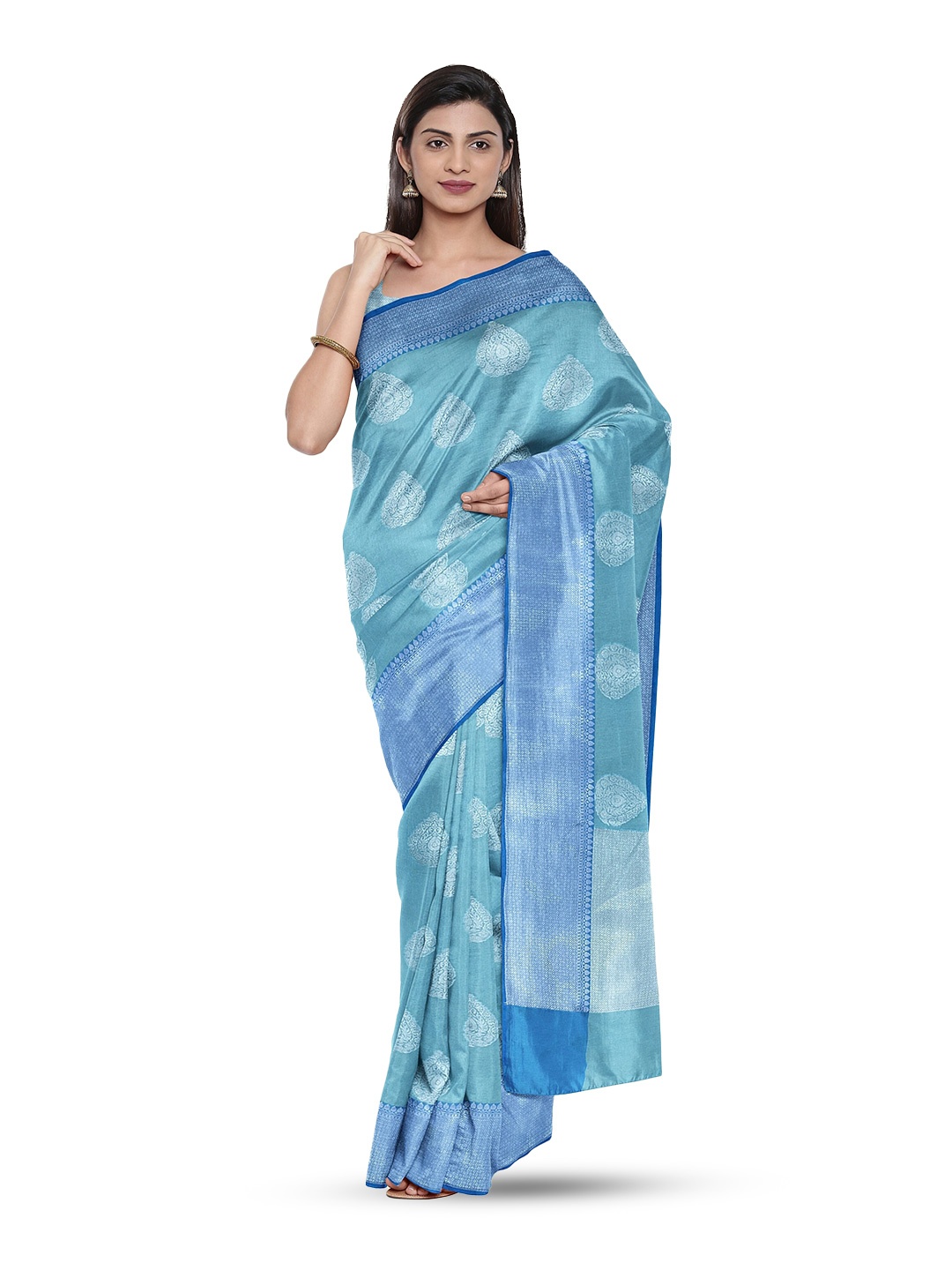 

Muskan Fashion Ethnic Motifs Woven Design Zari Silk Cotton Banarasi Saree, Turquoise blue