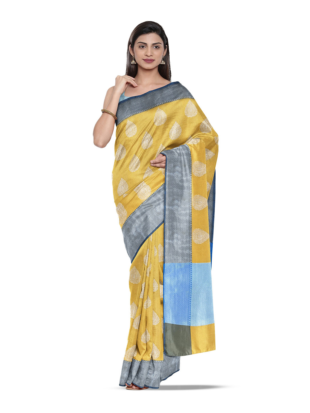 

Muskan Fashion Ethnic Motifs Woven Design Zari Silk Cotton Banarasi Saree, Yellow