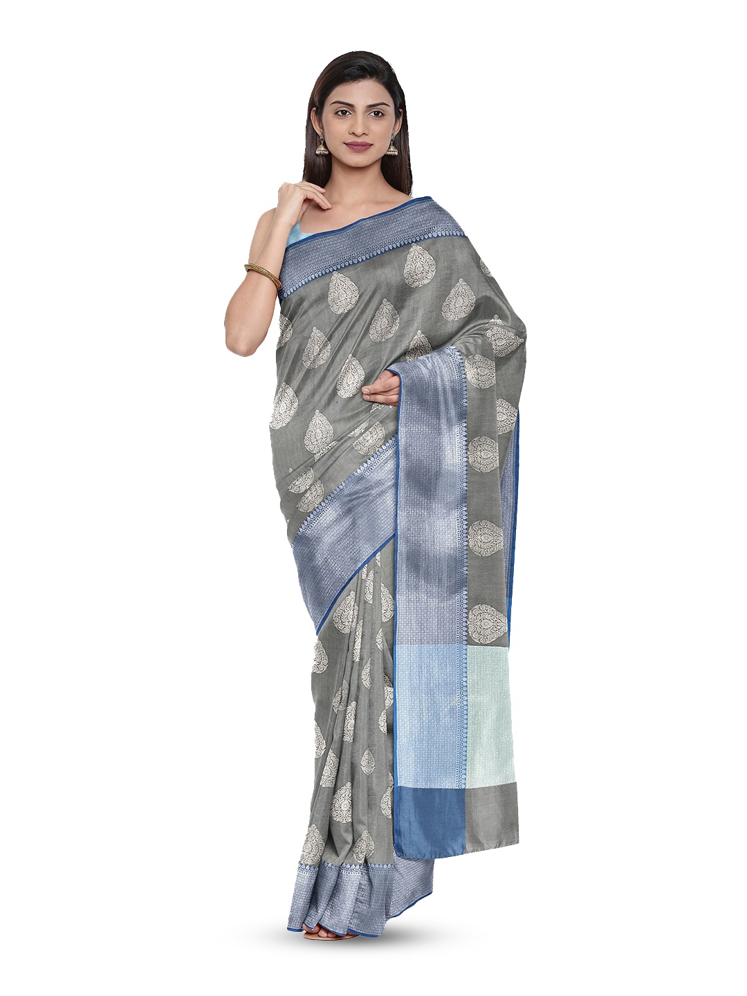 

Muskan Fashion Ethnic Motifs Woven Design Zari Banarasi Saree, Grey
