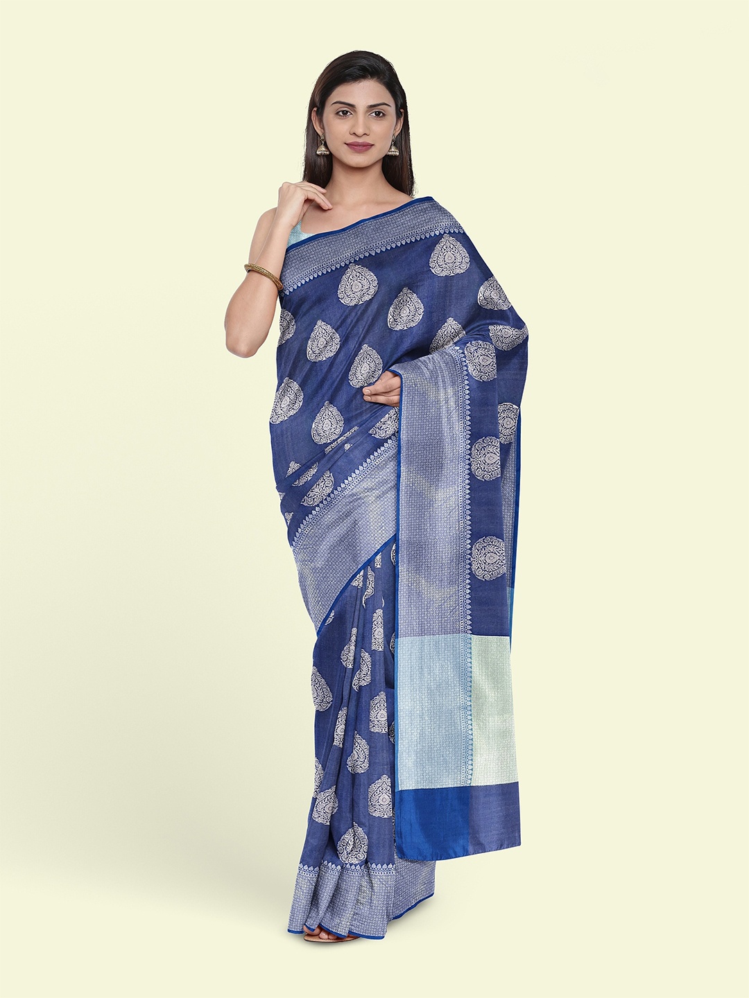 

Muskan Fashion Ethnic Motifs Woven Design Zari Silk Cotton Banarasi Saree, Blue