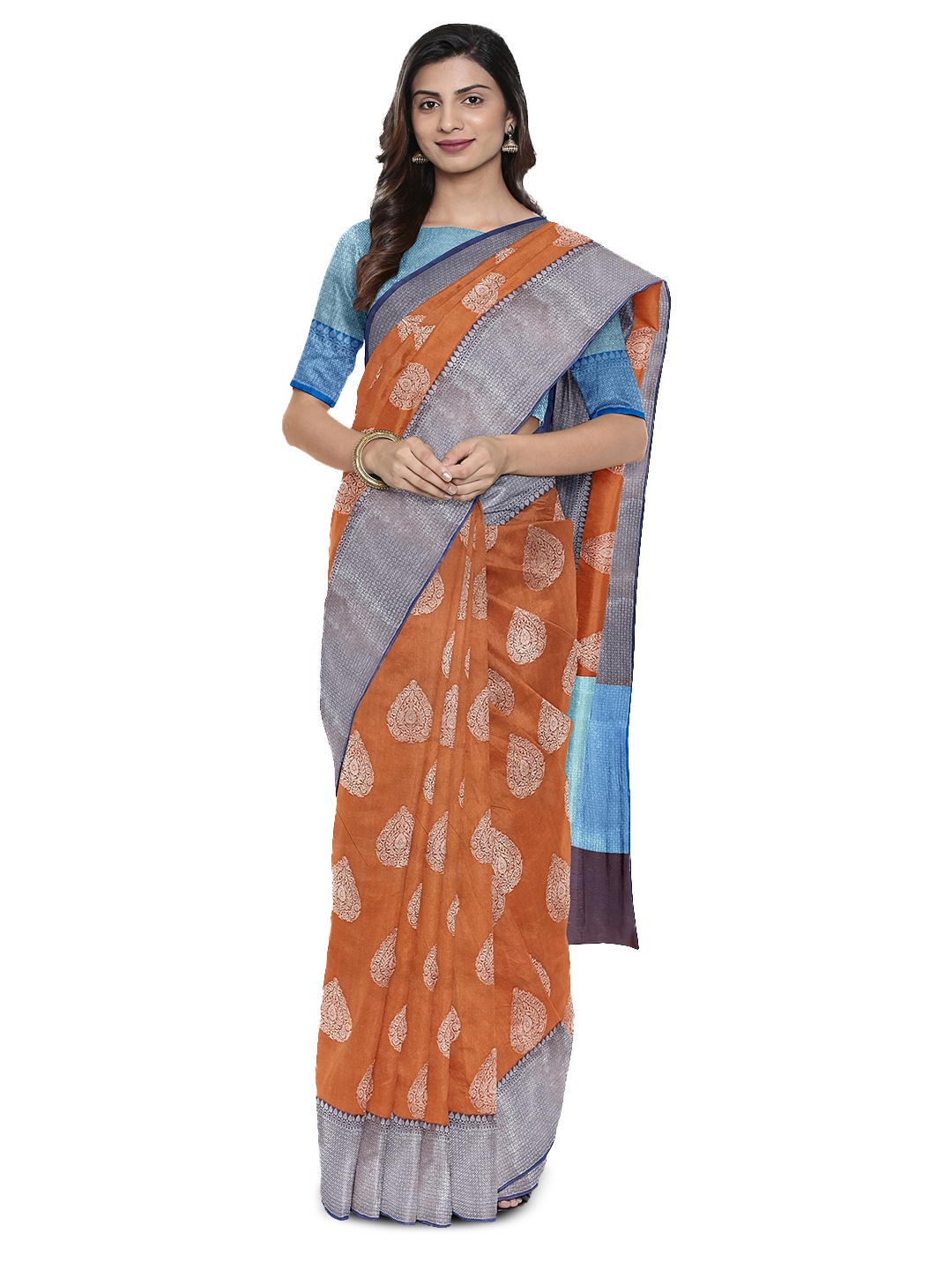 

Muskan Fashion Woven Design Ethnic Motifs Zari Silk Cotton Banarasi Saree, Orange