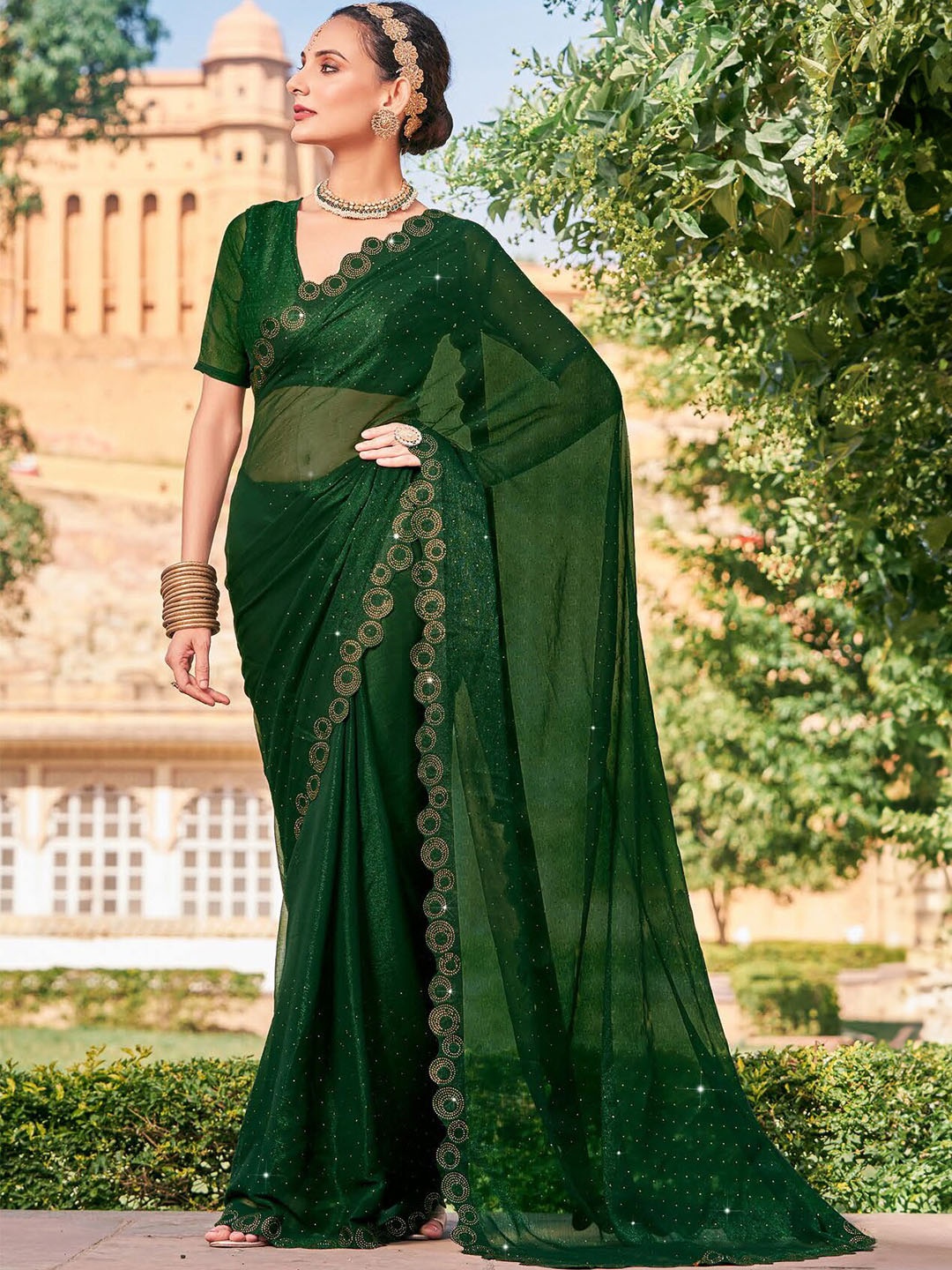 

Mitera Embellished Beads and Stones Pure Chiffon Saree, Green