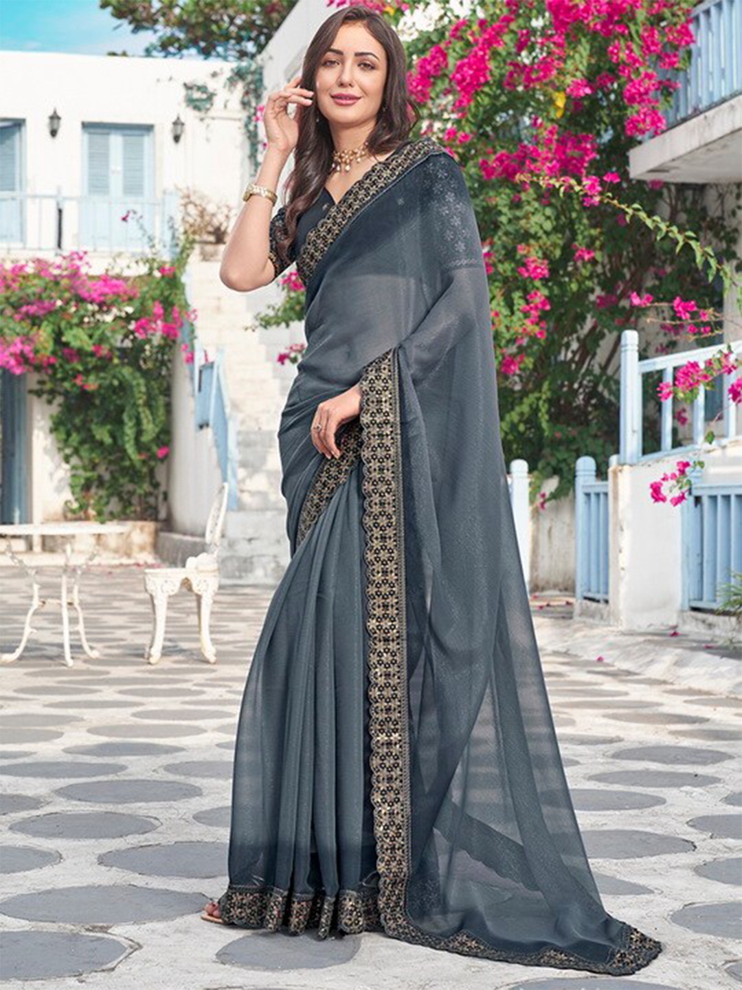 

Mitera Embroidered Embellished Pure Chiffon Saree, Grey