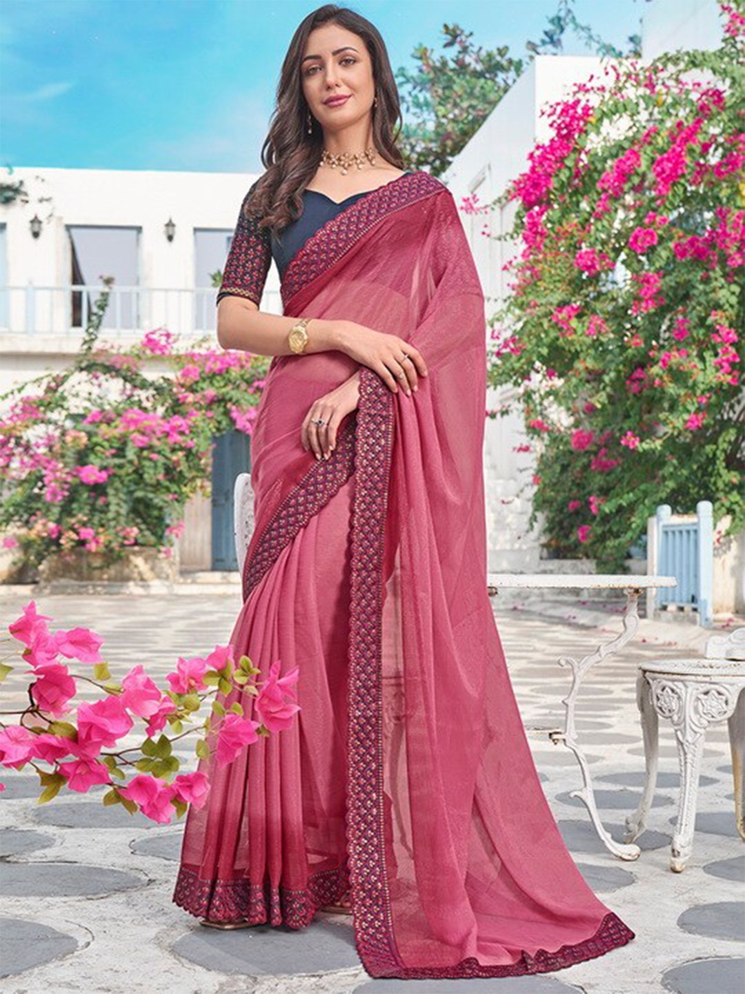 

Mitera Pink Embroidered Pure Chiffon Saree