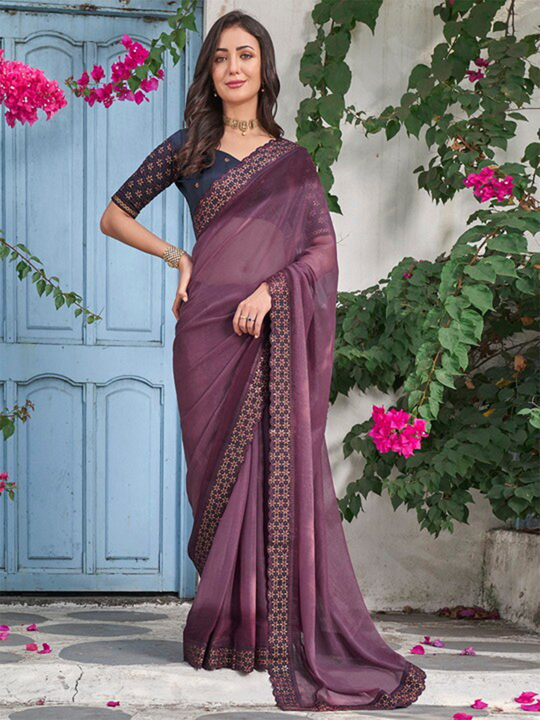 

Mitera Purple Embroidered Pure Chiffon Saree