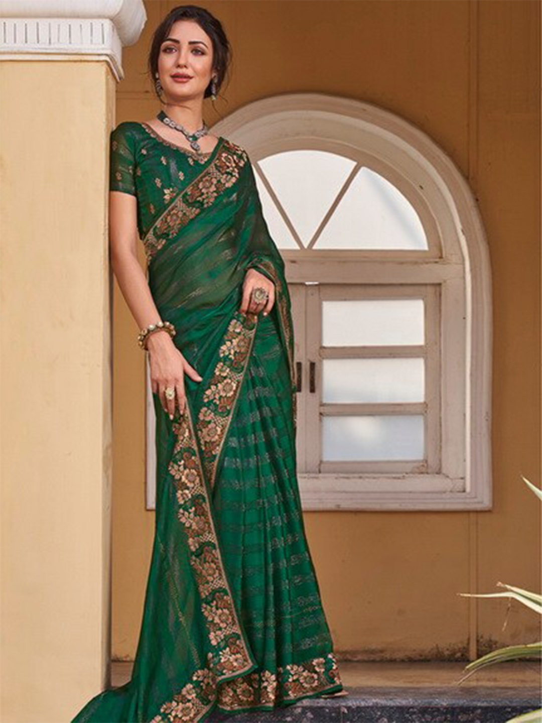 

Mitera Striped Embellished Embroidered Pure Chiffon Saree, Green