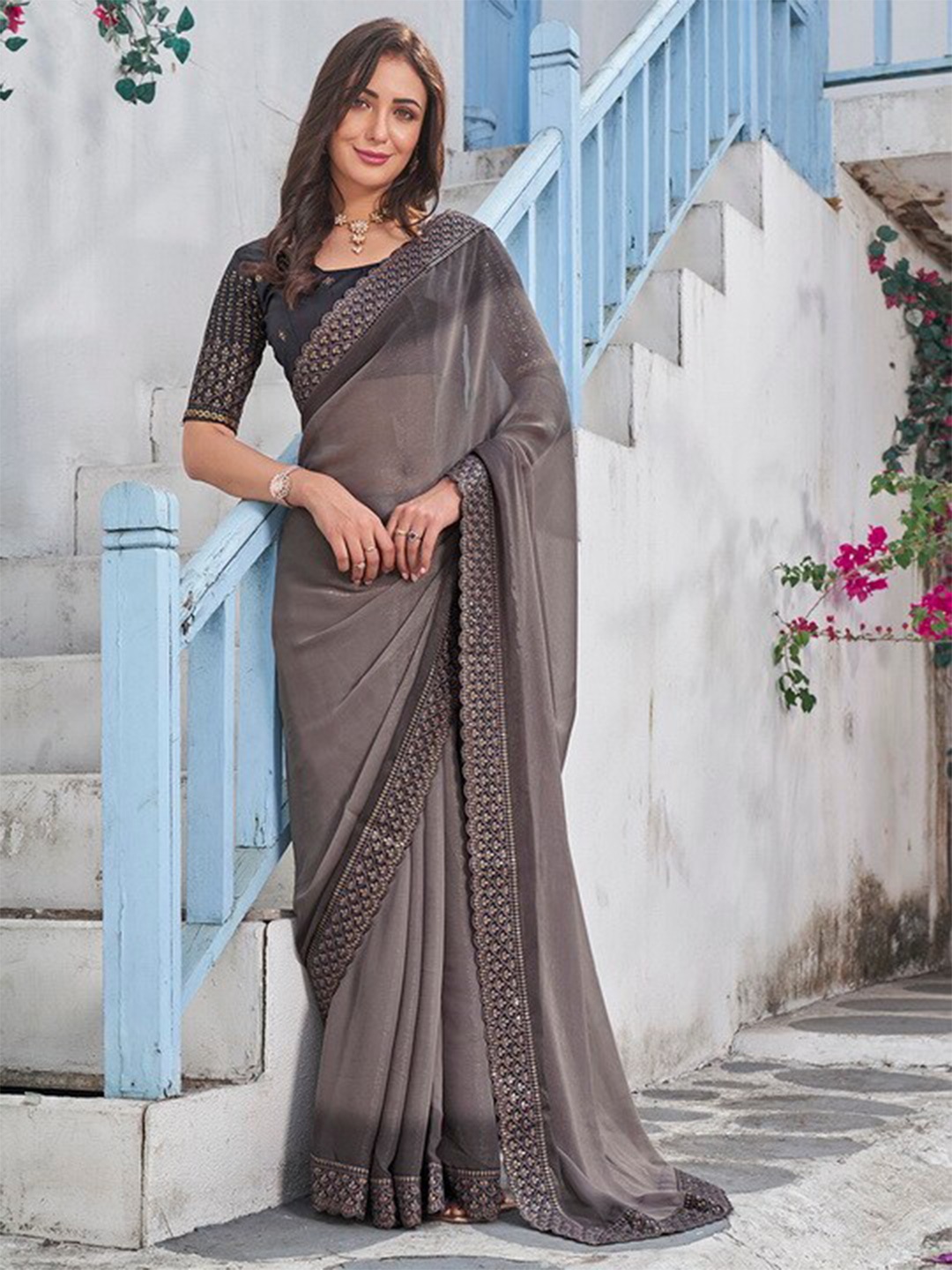 

Mitera Grey Embroidered Pure Chiffon Saree