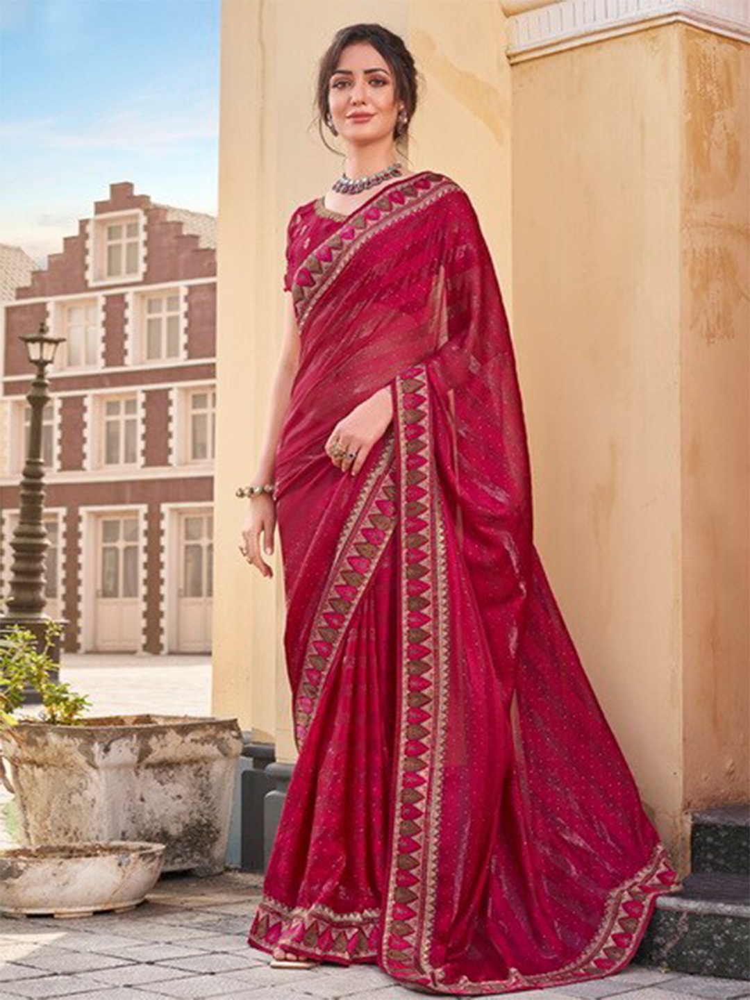 

Mitera Striped Zari Pure Chiffon Saree, Maroon