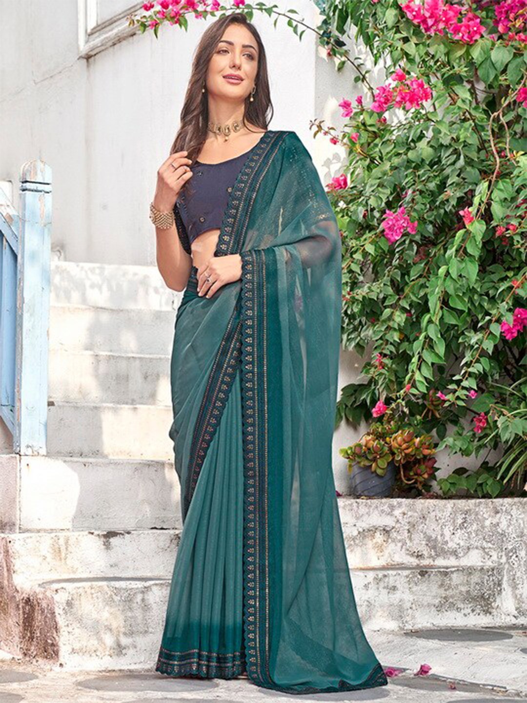 

Mitera Embellished Pure Chiffon Saree, Teal