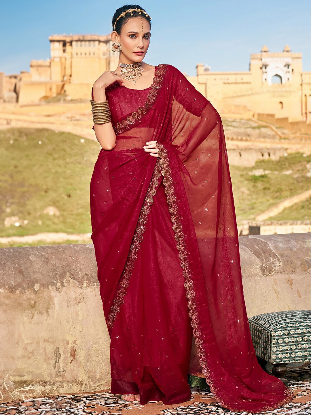 

Mitera Red Embellished Beads and Stones Pure Chiffon Saree