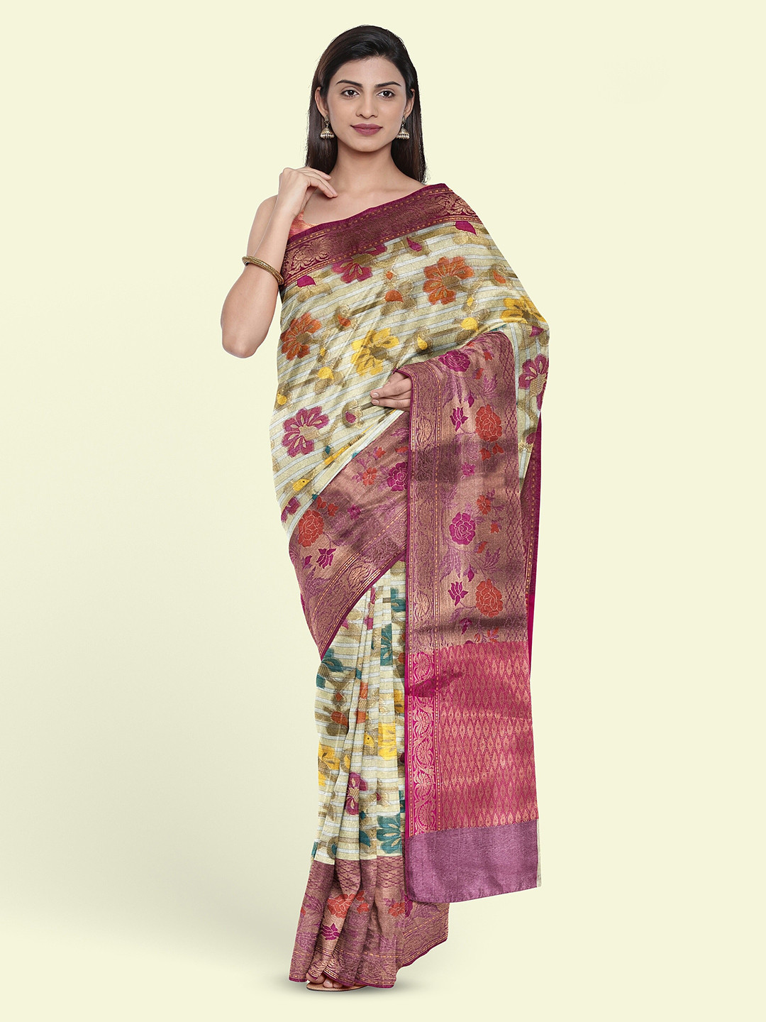 

Muskan Fashion Woven Design Ethnic Motifs Zari Tissue Banarasi Saree, White
