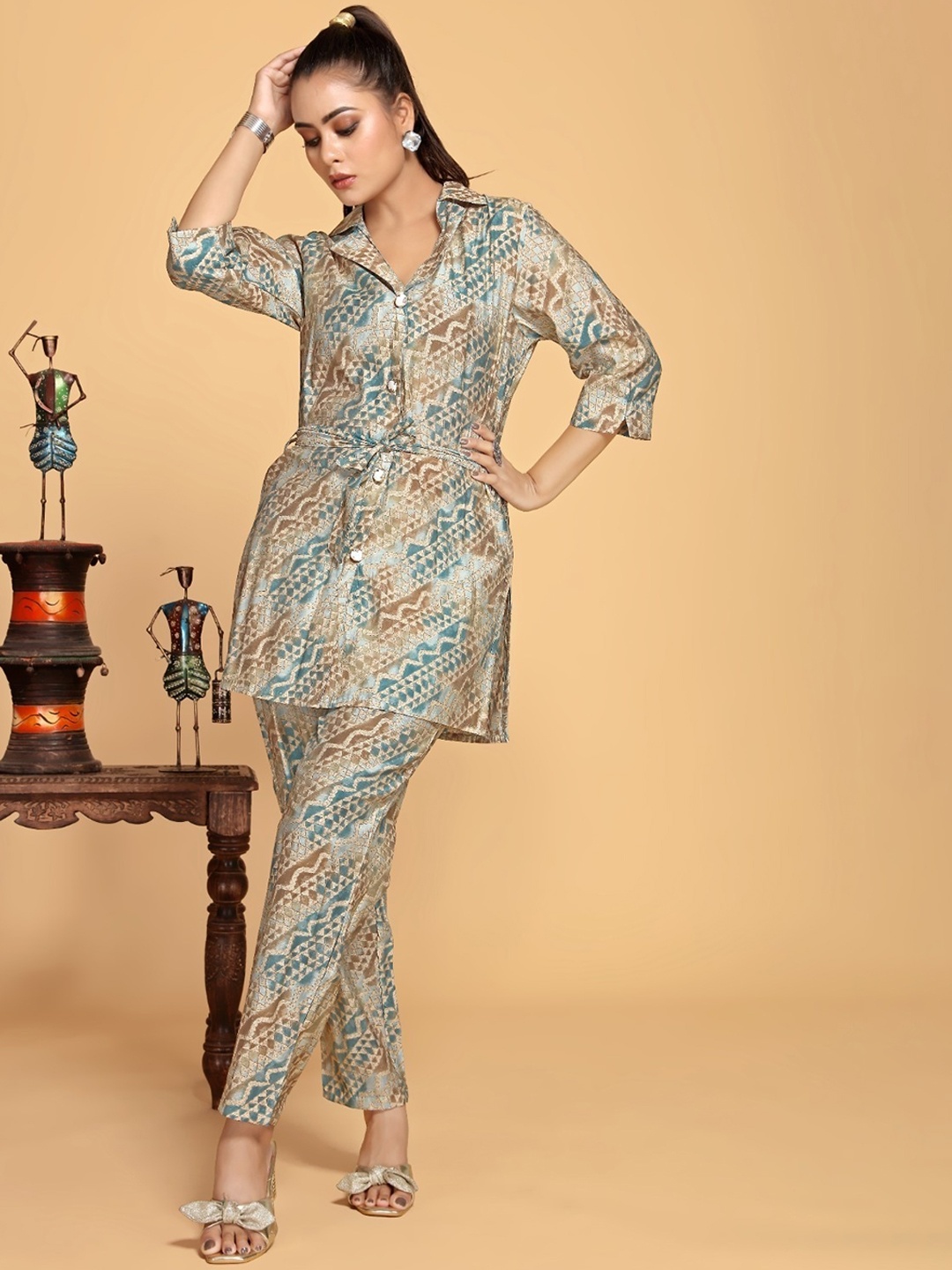 

Abhilasha Printed Shirt Collar Tunic & Trousers, Beige