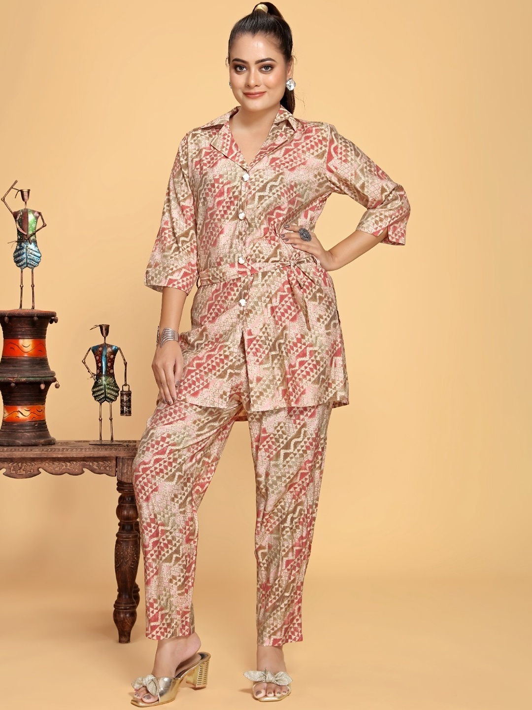 

Abhilasha Printed Shirt Collar Tunic & Trousers, Beige