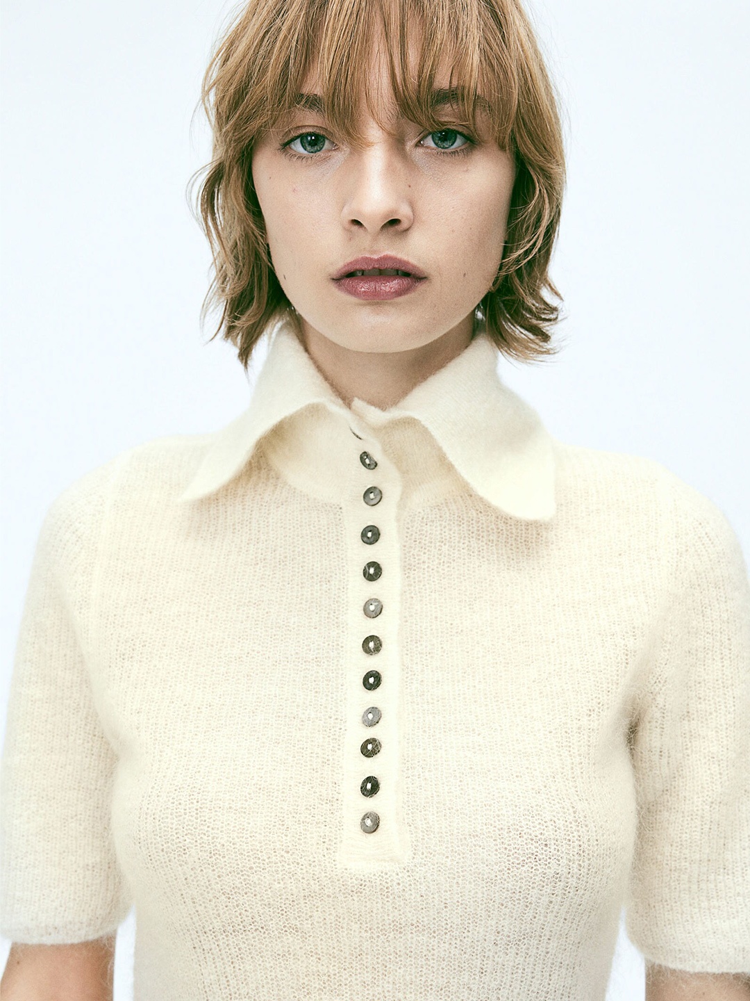 

H&M Mohair-Blend Collared Top, Beige