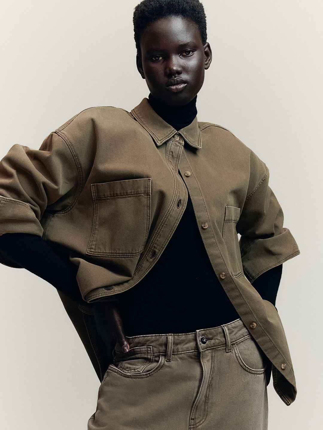 

H&M Pure Cotton Oversized Denim Shirt, Beige
