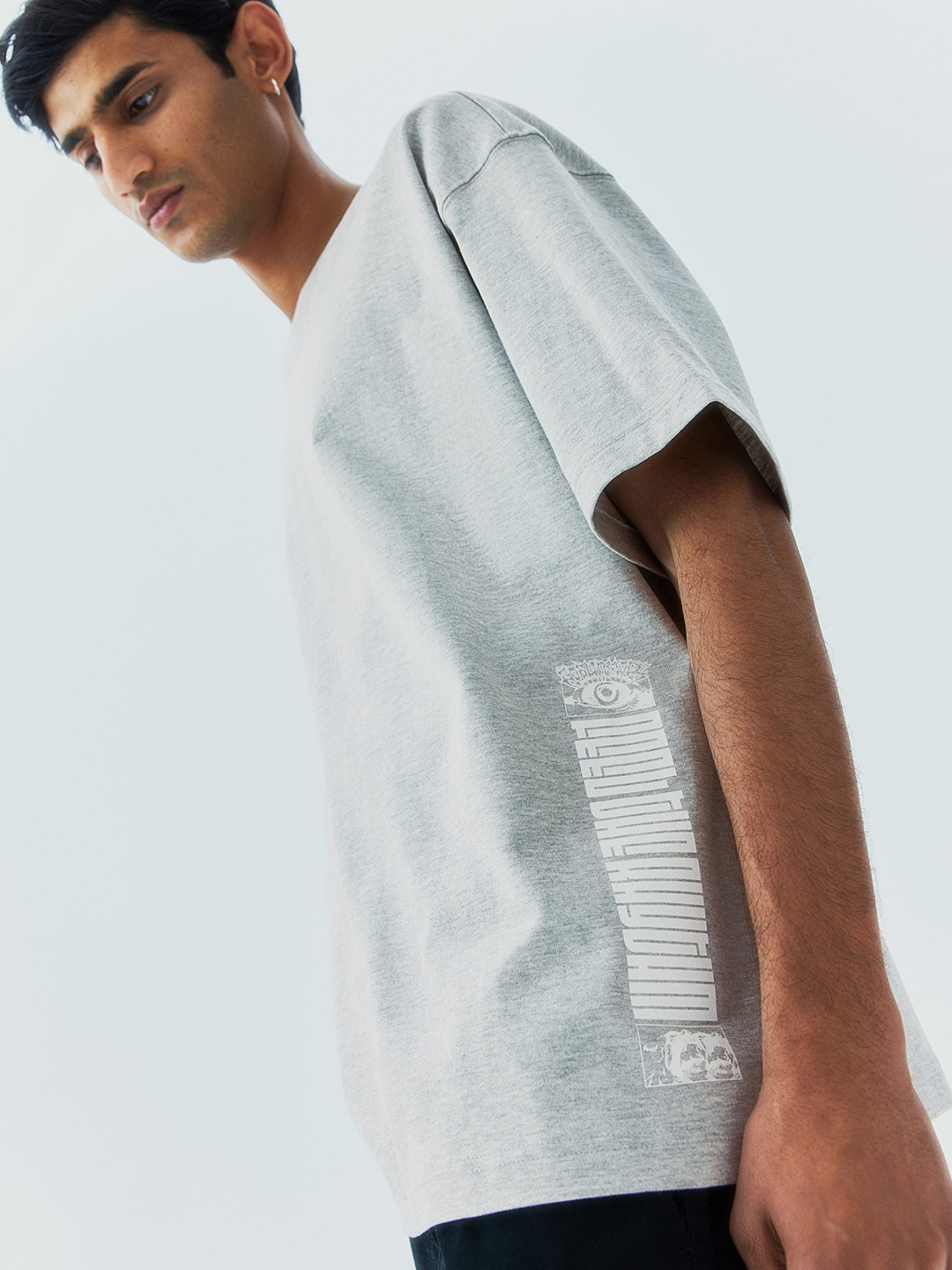 H&M Pure Cotton Oversized Fit Printed T-shirt, Grey