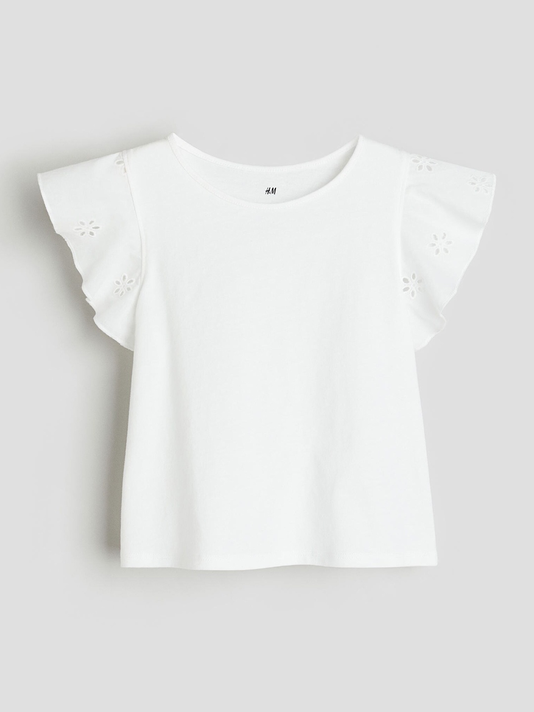 

H&M Girls Pure Cotton Jersey Top with Broderie Anglaise, White