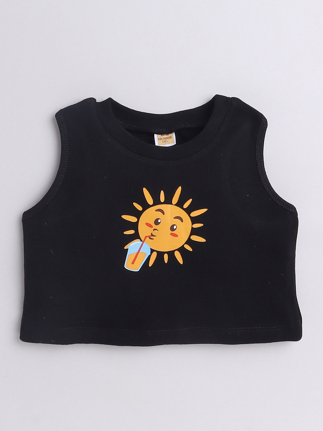 

AWW HUNNIE Girls Printed Round Neck Sleeves Crop Top, Black