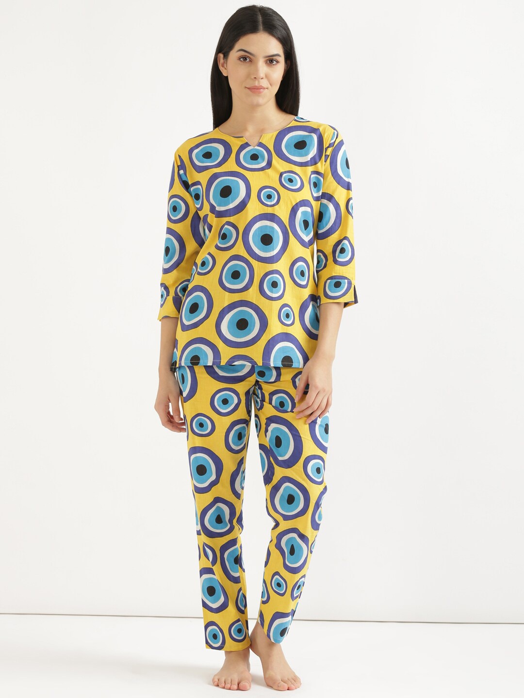 

SHOOLIN Evil Eye Printed Pure Cotton Night Suit, Yellow