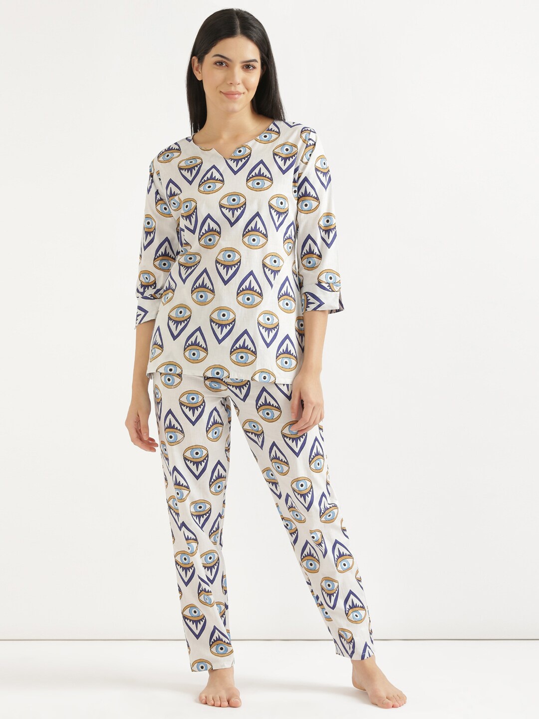 

SHOOLIN Evil Eye Printed Pure Cotton Night Suits, White
