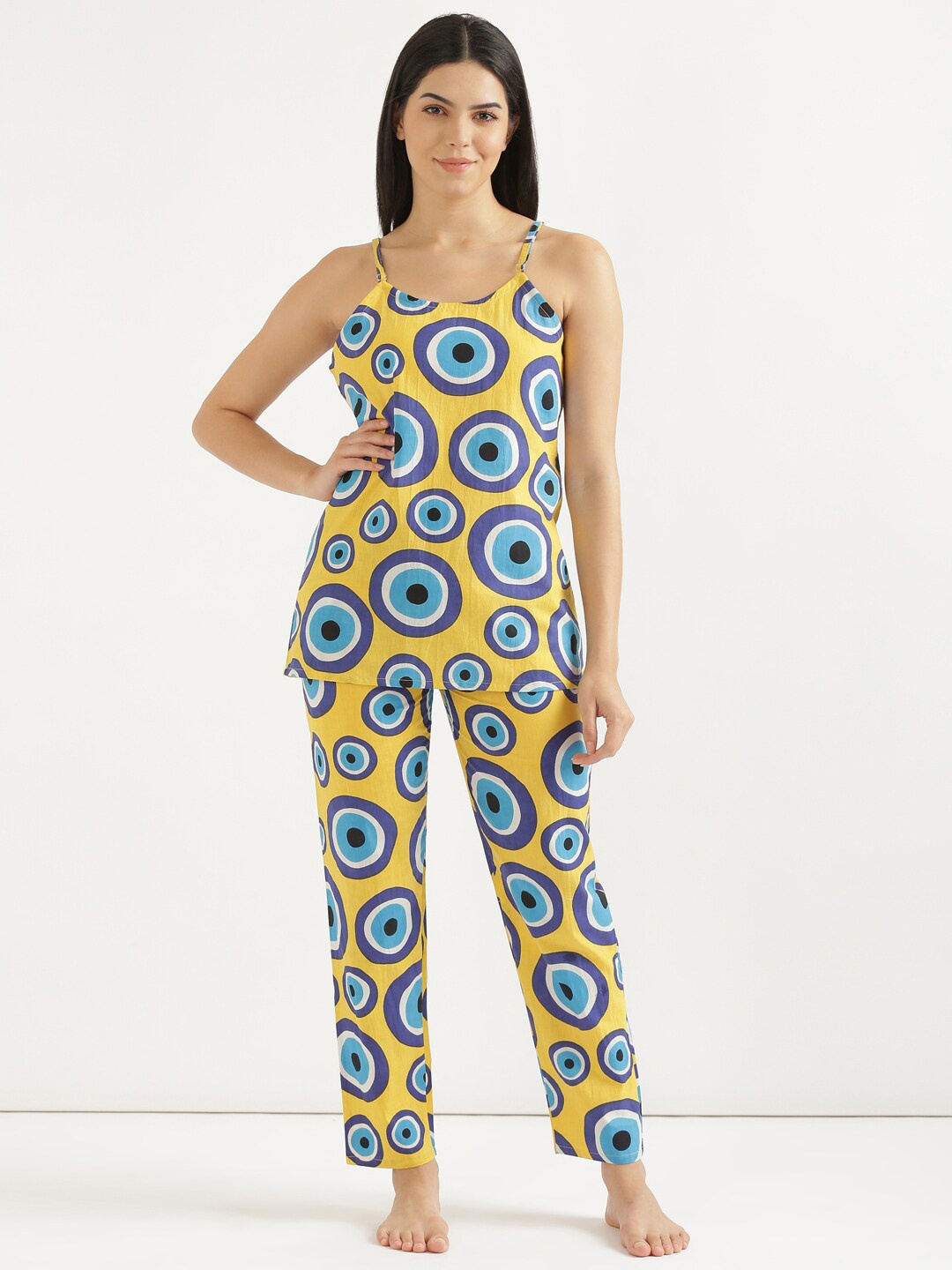 

SHOOLIN Evil Eye Printed Pure Cotton Top With Pyjamas, Yellow