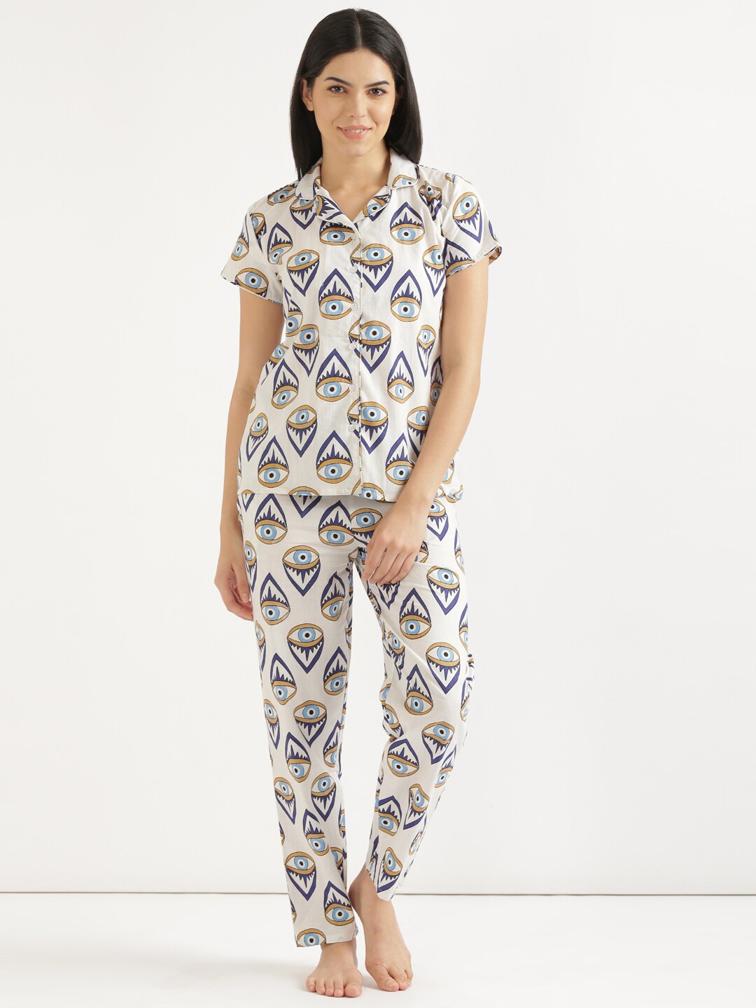 

SHOOLIN Evil Eye Printed Pure Cotton Shirt With Pyjamas, Off white