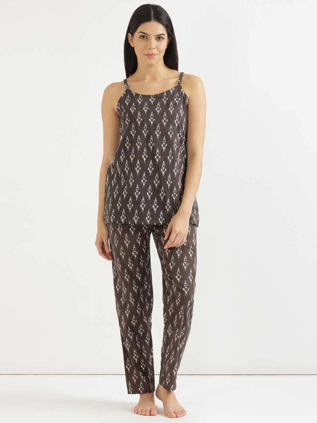 

SHOOLIN Ethnic Motifs Printed Pure Cotton Top With Pyjamas, Brown