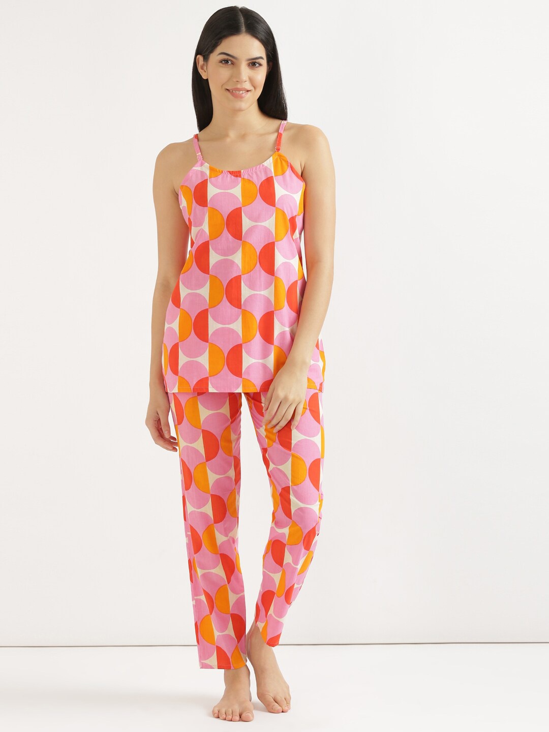 

SHOOLIN Geometric Printed Pure Cotton Night Suit, Orange